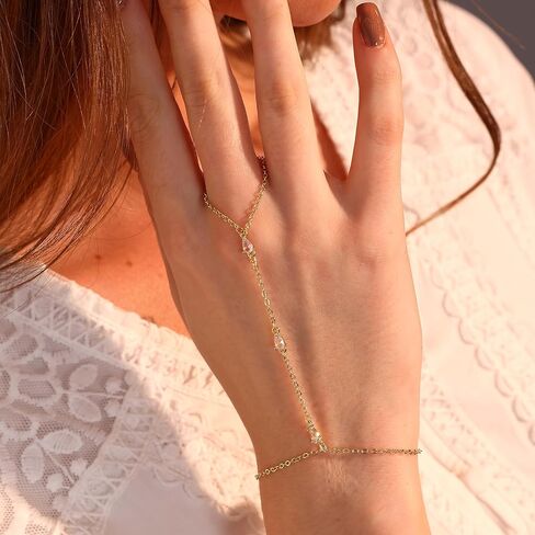 Hand Chain Gold Bracelets for Women Dainty Gold Plated Finger Ring Zircon Adjustable Hand Chain Jewelry for Women Trendy Bracelets for Women Trendy Gold Hand Chain in Kuwait