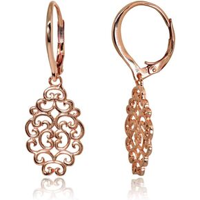 Hoops & Loops 925 Sterling Silver Filigree Swirl Spiral Dangle Leverback Earrings for Women, Silver, Yellow, Rose Gold and Black Flashed Sterling Silver