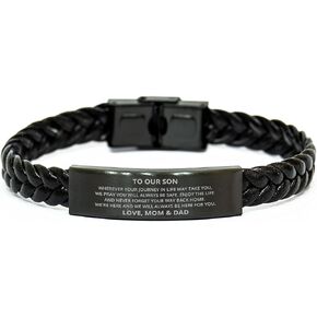DARIN GIFT To Our Son Braided Leather Bracelet Gifts From Mom Dad - Wherever Your Journey in Life May take You - Inspirational Graduation Christmas Birthday Gifts For Son Men Him, Engraved