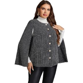 WDIRARA Women's Plus Size Plaid Printed Cloak Long Sleeve Button Front Casual Tweed Jackets without Belt