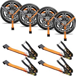 4Pack Ratchet Car Tie Down Straps, Weather-Resistant 3300LBS Tie Down Straps with Flat Hooks for Securing Vehicles, ATVs, UTVs, and Motorcycles.