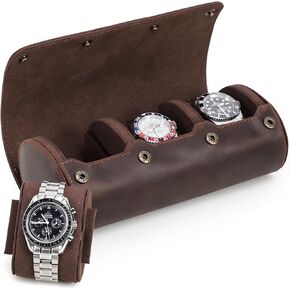 Genuine Leather Watch Roll Travel Case,3 Slots Vintage Full Grain Leather Watch Box with Pillow for Men,Watch Storage Organizer for Home Storage,Anniversary Birthday Christmas Gift