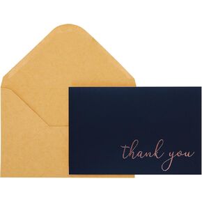 Thank You Cards - Blank 50 Pack Navy Blue Matte Finish Cards with Rose Gold Foiled "Thank You" Printed with 52 Kraft Envelopes 4" x 6" - for Wedding Bridal Shower Baby Shower Birthday Party