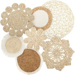 PieJoFpy 7 Pack Boho Wall Basket Decor, Hanging Woven Wall Basket Decor, Seagrass Rattan Wicker Boho Wall Decor, Round Flat Seagrass Baskets Wall Art, Round Wall Art (B1)