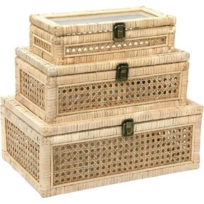 Set of 3 Rattan Decorative Boxes with Glass Lids, Rectangular Boho Natural Woven Cane Home Decor Organizers, Display Boxes for Rustic Farmhouse Decor