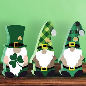 Biggun St. Patrick's Day Decorations Gnomes Table Sign - 3pcs Wooden Scandinavian Tomte Shamrock Clover Lucky Table Centerpiece, Green Home Office Irish Themed Party Decor