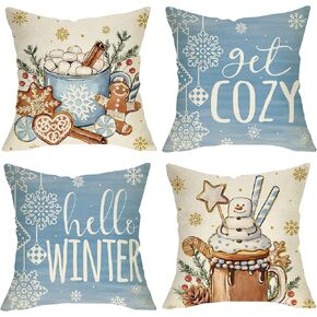 Hello Winter Blue Decorative Throw Pillow Covers 18x18 Set of 4, Get Cozy Hot Cocoa Gingerbread Cookie Snowflakes Porch Outdoor Home Christmas Decor, Holly Berry Pine Cone Snow Couch Cushion Case