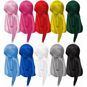 10 Pcs Silk Durags Long Tail Durag Wave Headwraps Wide Straps Satin Doo Rag Men Women 10 Colors