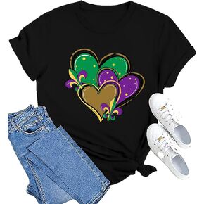 MAIHUN Happy Mardi Gras Shirt Womens Mardi Gras Day Heart Tshirt Tuesday Carnival Tee New Orleans Party Short Sleeve