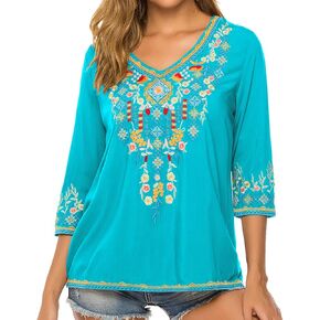 Higustar Mexican Tops for Women Embroidered Shirts Bohemian Hippie Clothes Tunic Fiesta Plus Size Boho Peasant Blouses