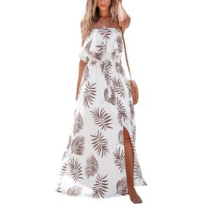 CUPSHE Women's Ruffle Tube Beach Maxi Dress Backless Side Slit Elastic Waist Tropical Casual Summer Dresses