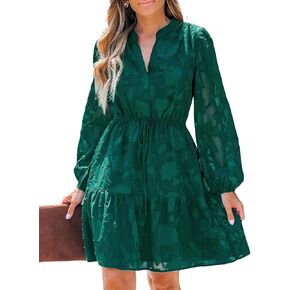 CUPSHE Floral Ruffle Lace Mini Fall Dresses for Women V Neck Peasant Long Sleeve Elastic Waist Tie Casual Wedding Dress, Green L