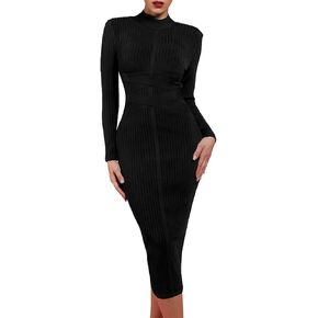 UONBOX Women's Long Sleeves Cross Strap Ribbed Club Party Midi Bodycon Bandage Dress