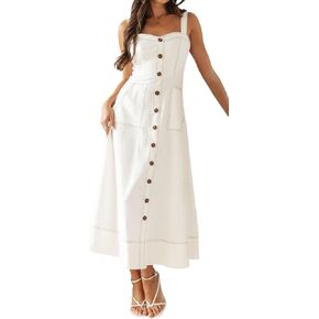 chouyatou Women's Adjustable Strap Midi Long Denim Dress 2024 Button Down A-Line Swing Flowy Jean Dress