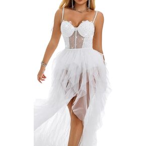 Tiered Tulle Wedding Dresses for Bride,Lace Appliques,Ruffle Long Bridal Gown High-Low Beach Bride Dress with Slit