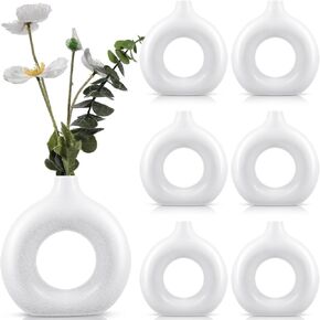 6 Pcs White Donut Vase for Pampas Grass 6.69" x 7.09" Resin Hollow Circle Vase Nordic Minimalist Style Vase for Wedding Party Table Shelf TV Stand Decor