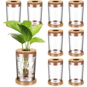 Baderke 9 Packs Propagation Vases for Plants Plastic Plant Propagation Station with Hole Lid and Bamboo Stand Plant Growing in Water Hydroponic Home Office Table Decoration(Classic Style)