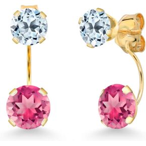 Gem Stone King 14K Yellow Gold Pink Mystic Topaz and Sky Blue Topaz Dual Drop 2 Stone Round Earrings for Women (4.40 Cttw, Gemstone Birthstone, Round 6MM and 5MM)