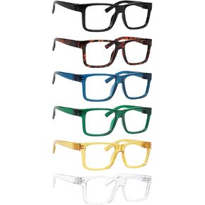 LUR Oversized Metalless Screwless Spring Hinges Reading Glasses for Men, 6 Pack Large Frame Readers