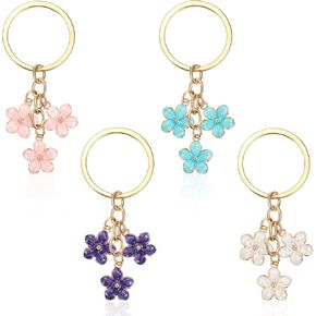 4PCS Cute Flower Keychains, Women Aesthetic Pink Key Chain Charm Pendants Tassel Keyring blossoms Charms for Girls Bag Handbags Wallet Purse Car Accessories Decoration Gift