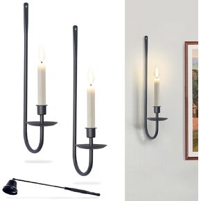 Metal Candle Sconce Holder,Set of 2 Wall Mount Candle Holders with Candle Snuffer Extinguisher, 16" H Modern Wall Candle Sconces Hanging for Living Room Farmhouse Fireplace Wedding(Black