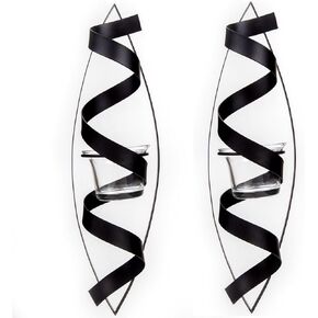 Lily’s Home Tealight Candle Wall Sconces, Spiral Ribbon Iron Metal Art Decoration. Ideal for Wall, Hallways, Living Room.Fit for Wedding, Party and Daily Home Decoration.12 Inch Long. Black, Set of 2.
