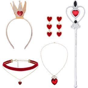 5 Pcs Valentines's Day Queen Costume Accessories Red Heart Necklace Queen Heart Costume Party Set Gold Crown Headband Red Heart Dangle Earrings Necklace Red Rhinestone Scepter Wand Women Heart Costume