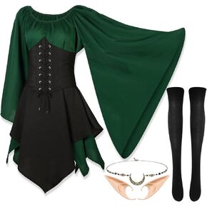 4 Pc Women Elf Renaissance Medieval Dress Irish Fairy Victorian Gothic Viking Costume for Halloween Cosplay