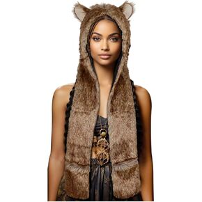 Junova Women Viking Fur Hat Animal Hood Furry Hat Scarf with Ears Paws Wolf Accessories Wolf Faux Fur Halloween Costume