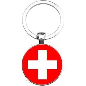 Art Attack Switzerland Flag Keychain, Swiss Red Crosses National Football Soccer Team Accessories History Party Favor Fan Car Key Chain Ring Pendant Charm (Silver)