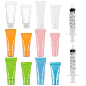 BENECREAT 24PCS 5ml/10ml 6-Colors Plastic Squeeze Tubes Travel Size Makeup Sample Bottles with 4PCS Funnel and 2PCS 5ml Syringe for Lotion, Cream, Shampoo and Facial Cleaning