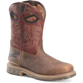 DOUBLE-H Phantom Rider Brock 11" Wide Square Composite Toe Roper Boots for Men with Brown Barnyard Acid Resistant Leather and Red Leather Quarter