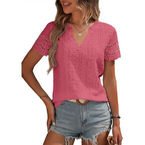 بلوزات نسائية بأكمام قصيرة من EVALESS، بلوزات دانتيل احترافية للأعمال غير رسمية برقبة على شكل حرف V، قمصان للنساء، وردي ساخن كبير in Kuwait