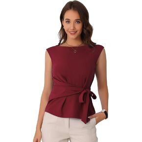 Allegra K Tie Front Blouse for Women's Boat Neck Cap Sleeve Work Top
