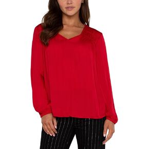 Liverpool Women's Long Sleeve V Neck Woven Blouse with Shirring Light Weight Textured Sateen