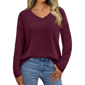 Bloggerlove Women's Long Sleeve Shirts Loose Fitted V Neck Basic Tops Casual Work Business Blouses Tees 2024 Fall Dressy