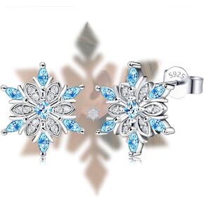 Sterling Silver Snowflake Earrings Studs Charms Hypoallergenic Fashion Light Blue CZ Stud Jewelry Birthday Gift for Women