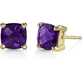 Peora Solid 14K Yellow Gold Amethyst Stud Earrings for Women, Genuine Gemstone Classic Solitaire, Cushion Cut 6mm, 1.75 Carats total, Friction Back, Hypoallergenic Gold Stud Earrings,