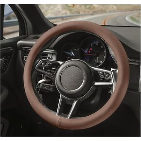 Premuim Leather Steering Wheel Cover for Men Women with Upgraded Silicone Inner Ring, Non-Slip, Breathable, Odorless, Universal 14.5-15 Inch (Black with Red Mark, Genuine Leather and Suede Leather)