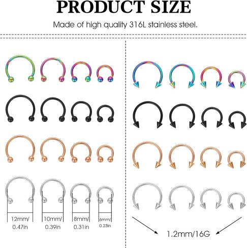 16g Horseshoe Nose Ring Stainless Steel Nose Ring Variety of Sizes Horseshoe Earrings Eyebrow Tragus Lip Rings Horseshoe Piercing for Men and Women 6-12mm in Saudi Arabia