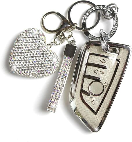Key Fob Cover with Diamond Keychain Car Key Holder Case Compatible with BMW X1 X2 X3 X5 X6 X7 GT and 2 5 6 7 Series Smart Remote Key Protector for Women, 3 Buttons (Silver-Heart) in Kuwait
