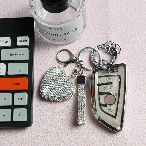 Key Fob Cover with Diamond Keychain Car Key Holder Case Compatible with BMW X1 X2 X3 X5 X6 X7 GT and 2 5 6 7 Series Smart Remote Key Protector for Women, 3 Buttons (Silver-Heart) in Kuwait