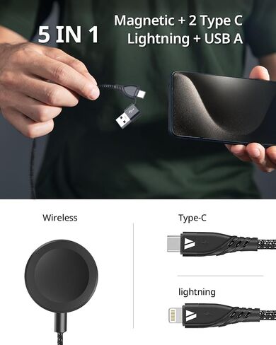 SUPERV 5 in 1 Multi Fast Charging Cable,USB Cable,Digital Display, Nylon USB A to USB Type C/Lightning/Micro USB 3.94ft,100W Fast Charging for iPhone Series, Android Series, Type-C Devices in Saudi Arabia