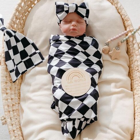 Little Jump newborn swaddle set with Matching Hat and Bow Set, Wooden Birth Announcement Card, Soft Stretchy swaddle blankets announcement outfit for baby girl or boy.(Coffee Checker) in Saudi Arabia