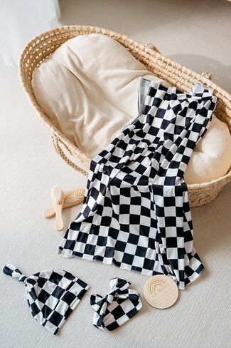 Little Jump newborn swaddle set with Matching Hat and Bow Set, Wooden Birth Announcement Card, Soft Stretchy swaddle blankets announcement outfit for baby girl or boy.(Coffee Checker) in Saudi Arabia
