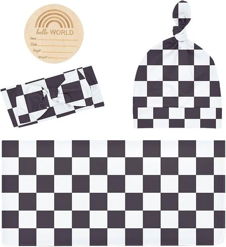 Little Jump newborn swaddle set with Matching Hat and Bow Set, Wooden Birth Announcement Card, Soft Stretchy swaddle blankets announcement outfit for baby girl or boy.(Coffee Checker) in Saudi Arabia