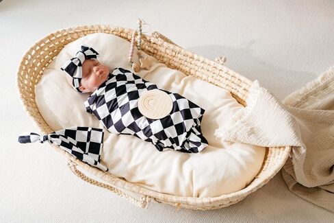 Little Jump newborn swaddle set with Matching Hat and Bow Set, Wooden Birth Announcement Card, Soft Stretchy swaddle blankets announcement outfit for baby girl or boy.(Coffee Checker) in Saudi Arabia