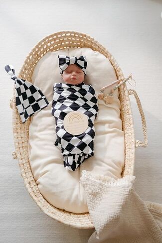 Little Jump newborn swaddle set with Matching Hat and Bow Set, Wooden Birth Announcement Card, Soft Stretchy swaddle blankets announcement outfit for baby girl or boy.(Coffee Checker) in Saudi Arabia