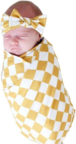 Little Jump newborn swaddle set with Matching Hat and Bow Set, Wooden Birth Announcement Card, Soft Stretchy swaddle blankets announcement outfit for baby girl or boy.(Coffee Checker) in Saudi Arabia