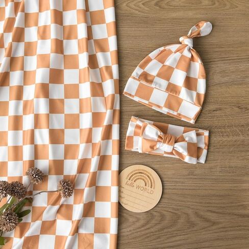 Little Jump newborn swaddle set with Matching Hat and Bow Set, Wooden Birth Announcement Card, Soft Stretchy swaddle blankets announcement outfit for baby girl or boy.(Coffee Checker) in Saudi Arabia